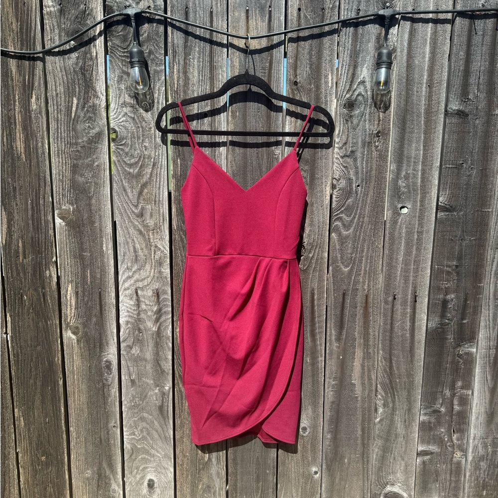 Lulu's Forever Your Girl Wine Red Skater Style dress with faux-wrap skirt small